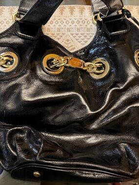 Michael Kors Black Patent Leather Shoulder Bag with Gold Hardware